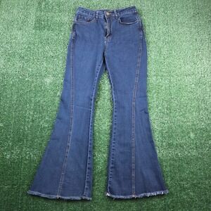 Allegra K Womens Dark Wash High Rise Flare Jeans Raw Hem Blue Size Small